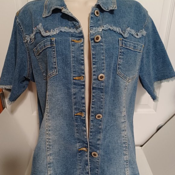 Vintage Carolina Blues Denim Shirt XL Raw Edges Button Down Short Sleeve Western - Picture 9 of 12